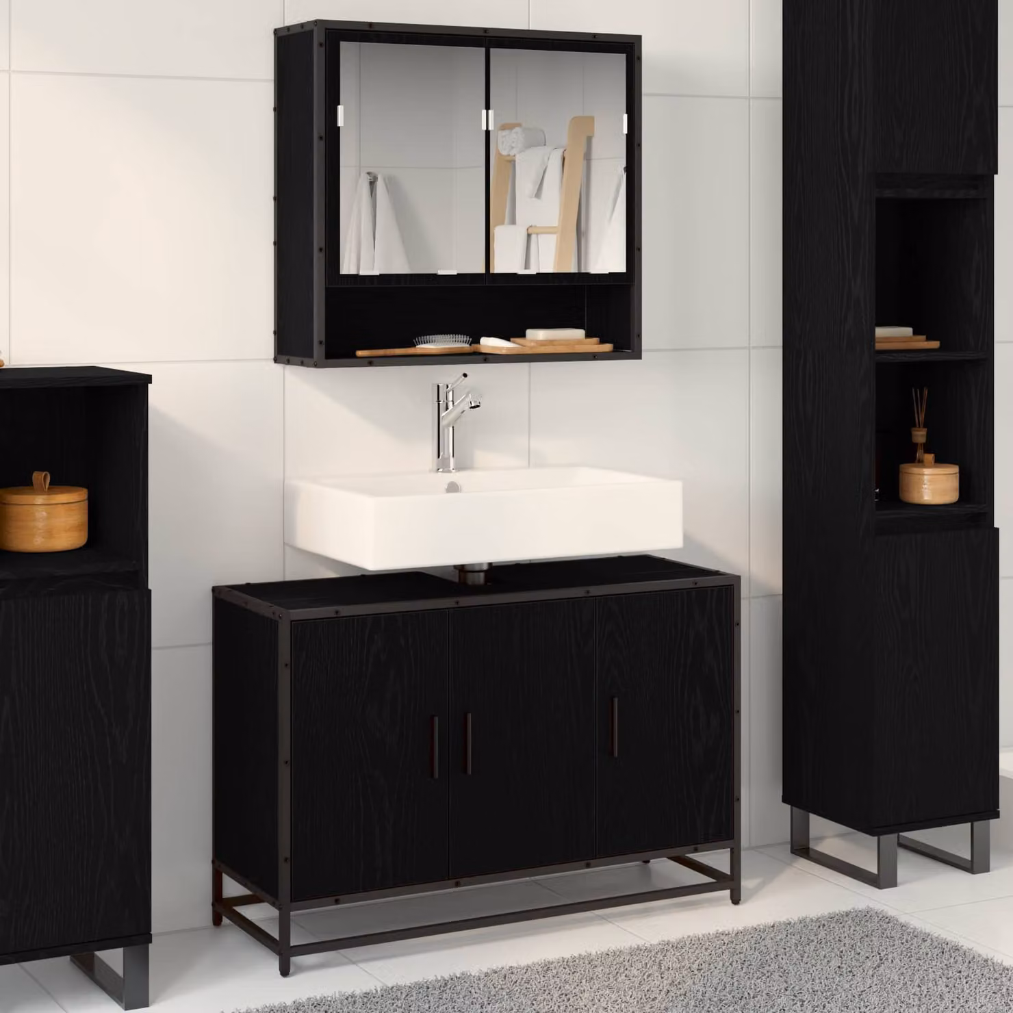 Mobile da bagno moderno vidaXL in rovere e nero con illuminazione LED L 90 x P 33 x H 60 cm