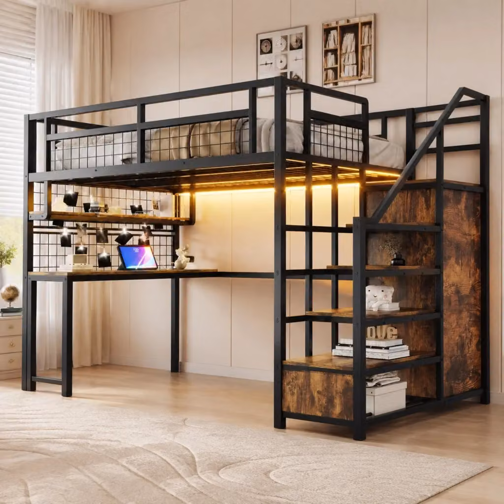 Letto a soppalco REDOM in metallo nero con scrivania, scala con gradini e vani contenitori, L/P/H: 200 x 140 x 180 cm – 2
