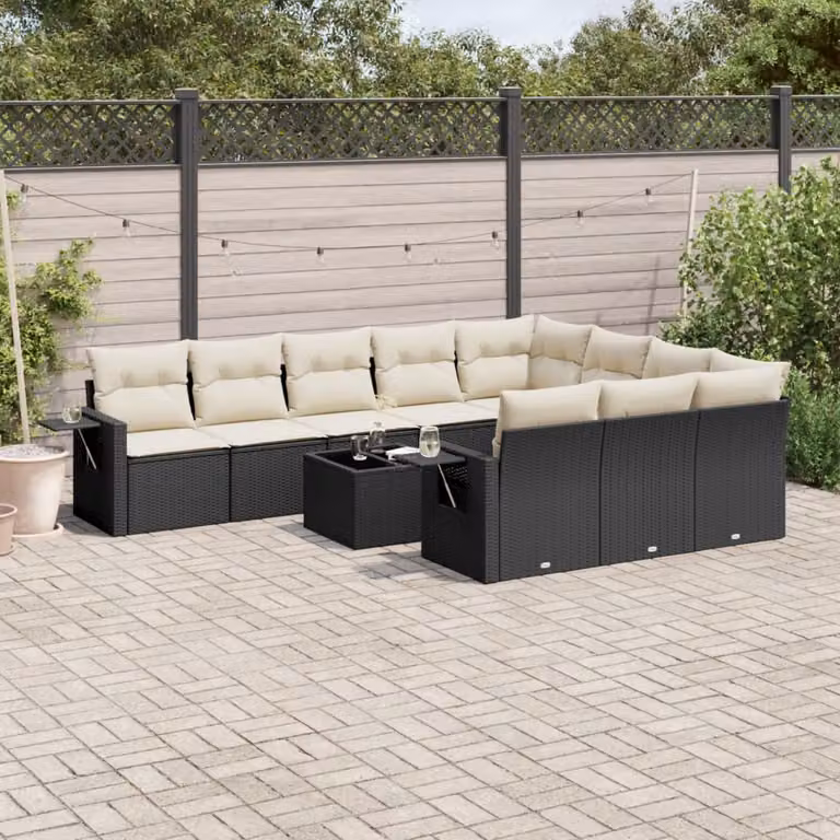vidaXL Set Divani da Giardino 11 pz in Polyrattan Nero con Cuscini e Tavolino da Esterno a Forma di U
