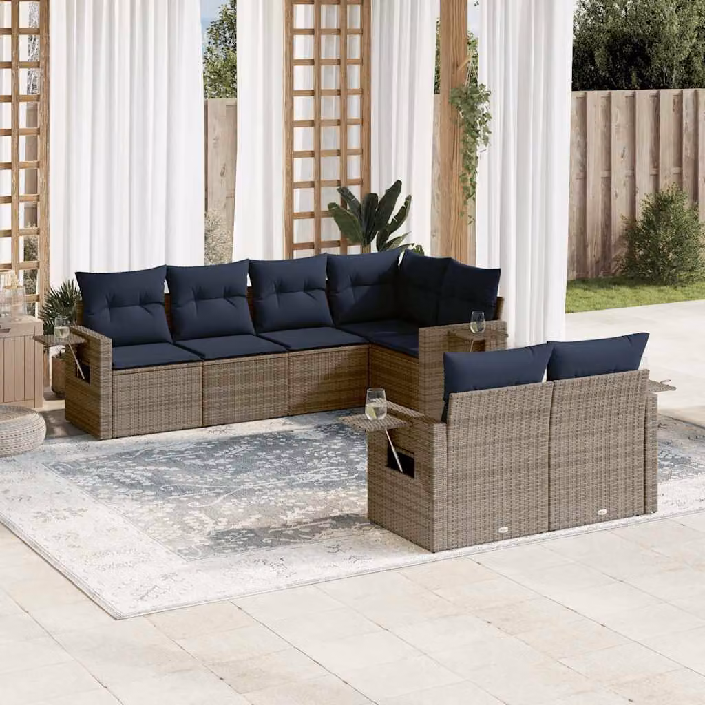 Set di divani da giardino vidaXL in polyrattan con cuscini grigi e blu, design moderno a forma di L con struttura in metallo e coperture rimovibili