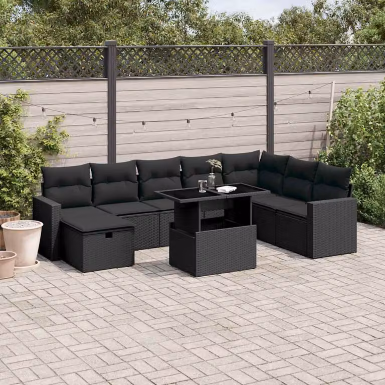 vidaXL Set Divani da Giardino 9 pz a Forma a L con Cuscini Nero in Polyrattan e Acciaio