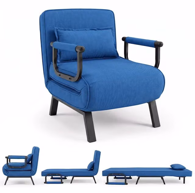Divano pieghevole 3 in 1 con seduta imbottita schienale regolabile, Poltrona letto singla con poltroncina portata 180 kg Blu
