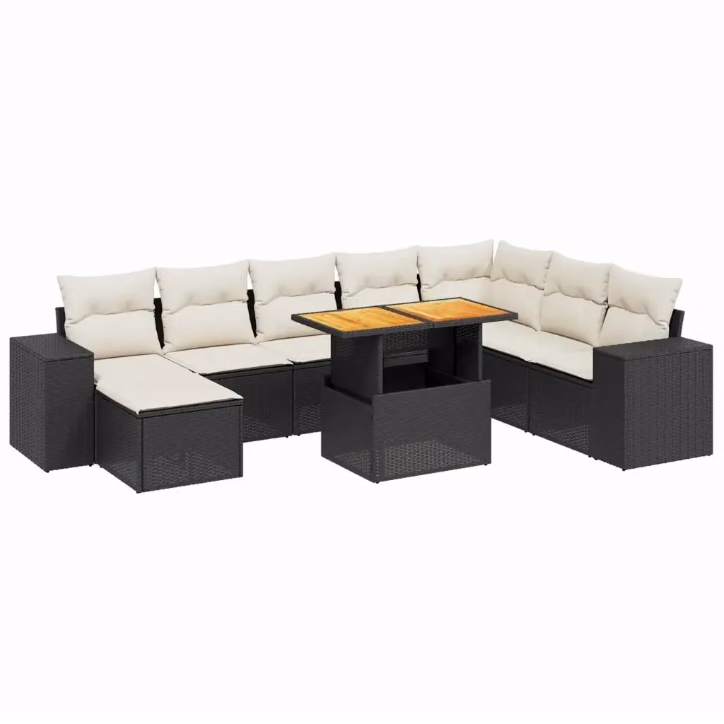 vidaXL Set Divani da Giardino 9 pz a Forma a U con Cuscini Impermeabili e Tavolino Nero in Polyrattan e Acciaio – 2