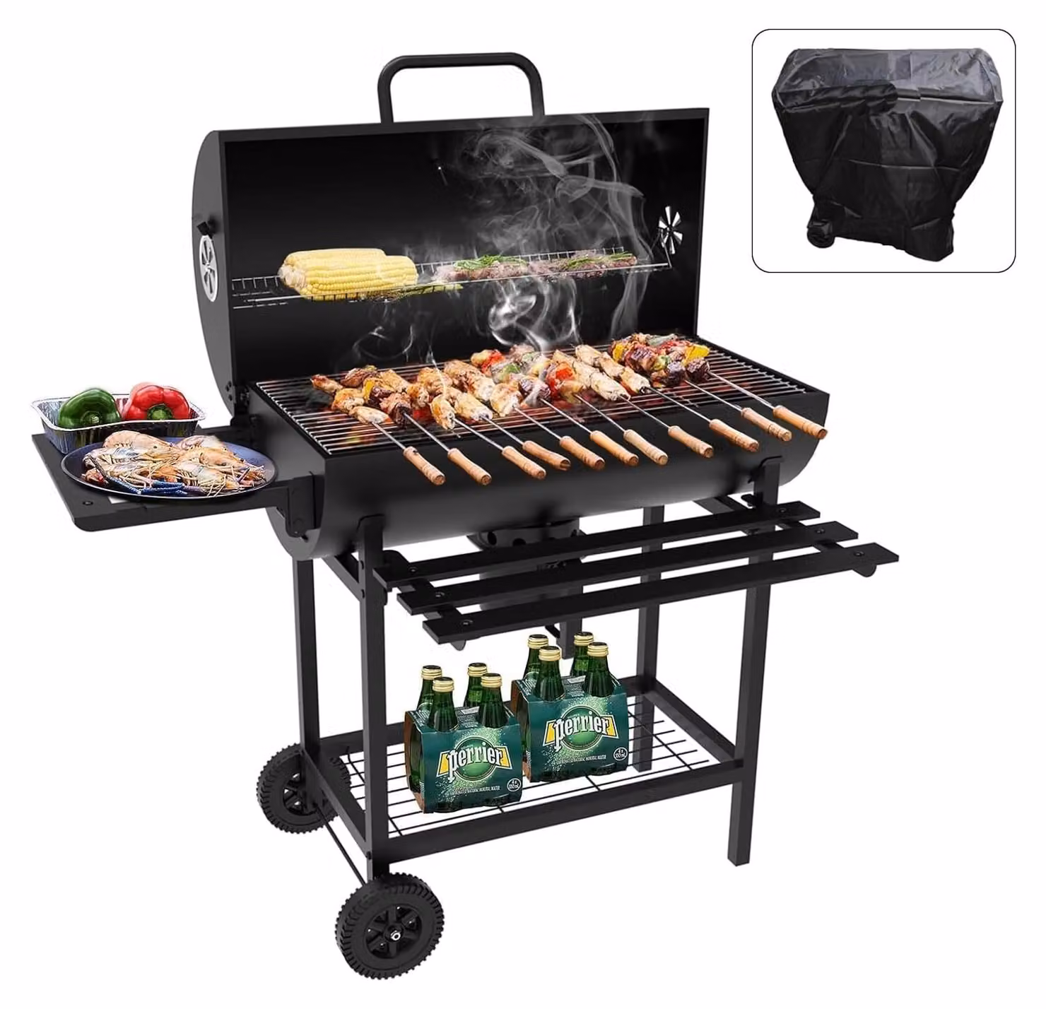 Carrello barbecue in legno, barbecue a carbone di grandi dimensioni con coperchio, termometro e cassetto per la cenere