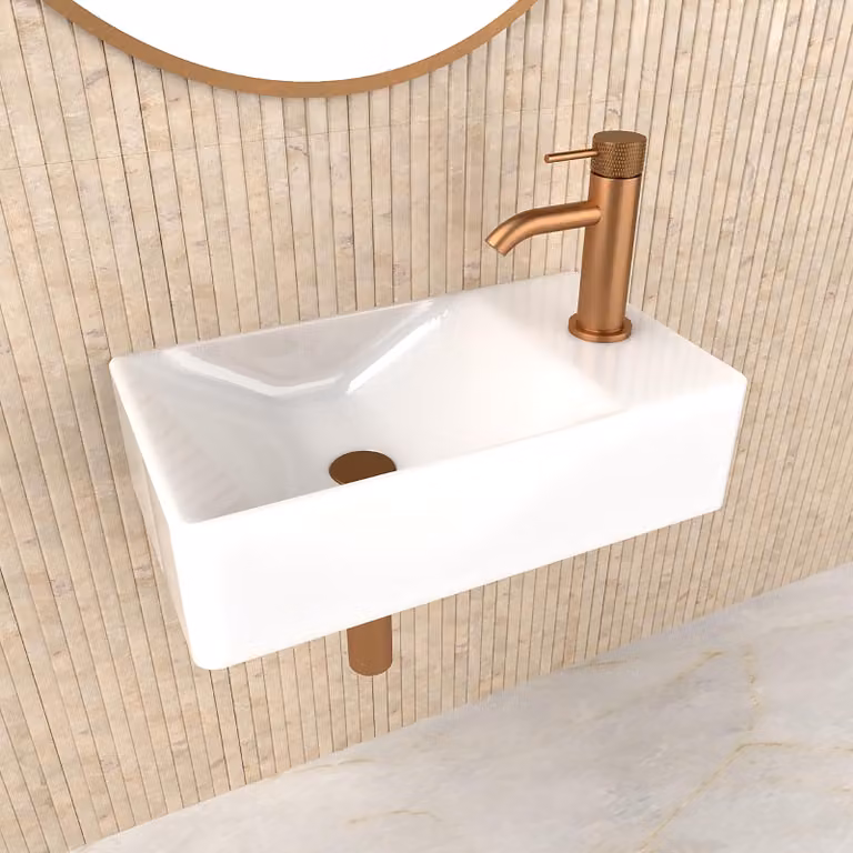 Lavabo da appoggio in Vetroceramica rettangolare, 38x22 cm, con la parte inferiore del lavabo posizionata a sinistra, dotato di piletta di scarico, ideale per piccoli bagni