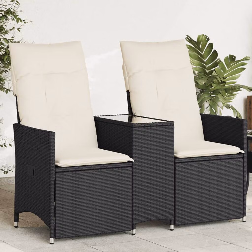 vidaXL Divano da Giardino Reclinabile a 2 Posti in Polyrattan con Cuscini e Tavolino in Vetro, Nero e Bianco