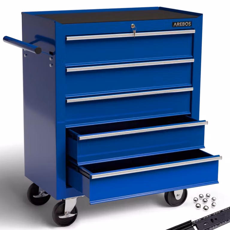Carrello portautensili - 5 cassetti - Chiusura centralizzata - Ruote con freno di stazionamento - Blu