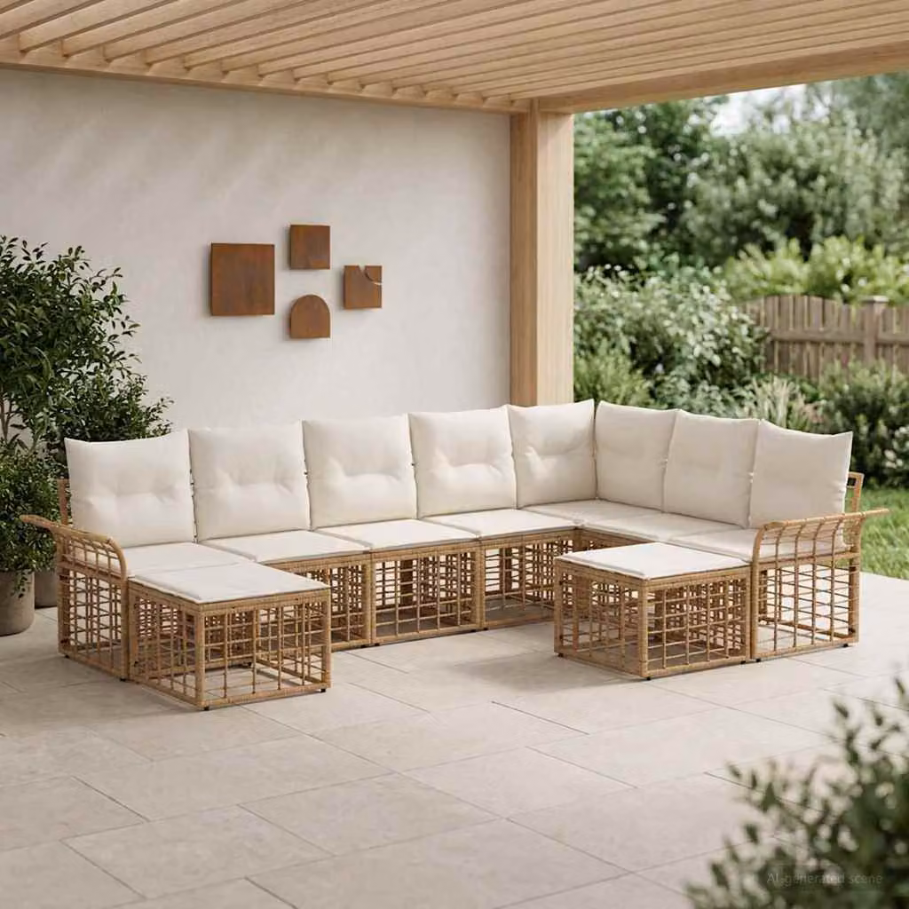 vidaXL Set di divani da esterno a forma di U composto da 9 pezzi in stile rustico con struttura in metallo e cuscini in tessuto beige, bianco e marrone