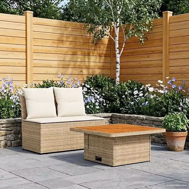 Set da giardino composto da divano a 2 posti e tavolino a scomparsa beige con struttura in acciaio verniciato a polvere e cuscini in poliestere resistente ai raggi UV