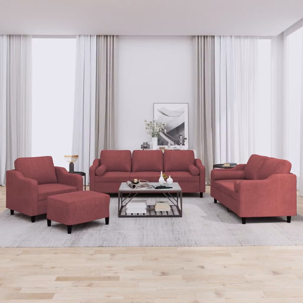 Set di divani 4 pezzi vidaXL in tessuto rosso con cuscini e pouf per soggiorno – 1