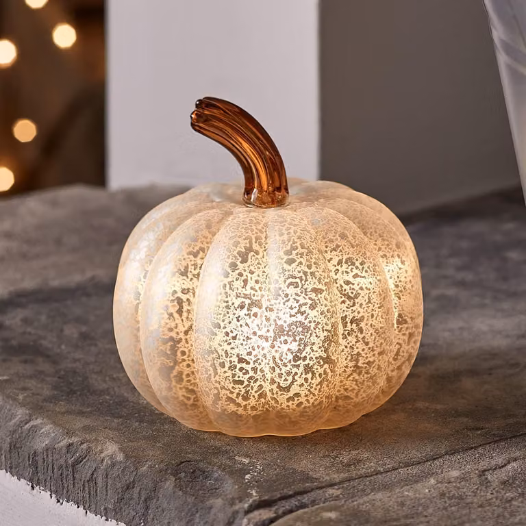 Zucca di Halloween in vetro, con luci LED bianco caldo, 12 cm, alimentata a batteria