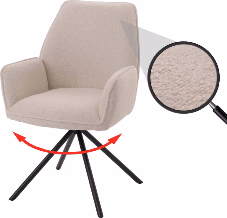 Sedia da pranzo HWC-G67, sedia da cucina con braccioli, girevole, con sistema di blocco automatico della posizione, rivestita in tessuto bouclé, colore crema