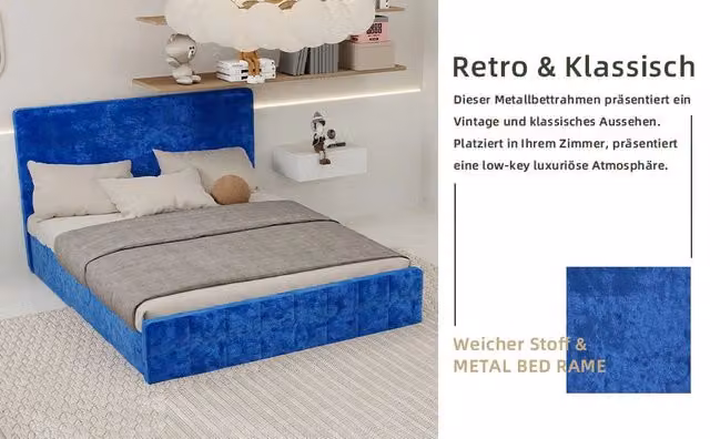 Letto imbottito in velluto lucido con testiera trapuntata, blu navy, 160x200 cm, senza materasso