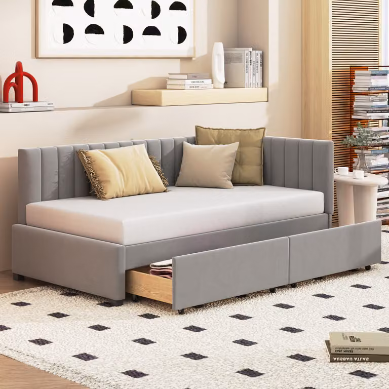 Letto imbottito Flieks 90x200cm con rete a doghe, divano letto da giorno con 2 cassetti, letto singolo letto per ospiti letto da giorno letto per ragazzi divano letto, velluto, grigio
