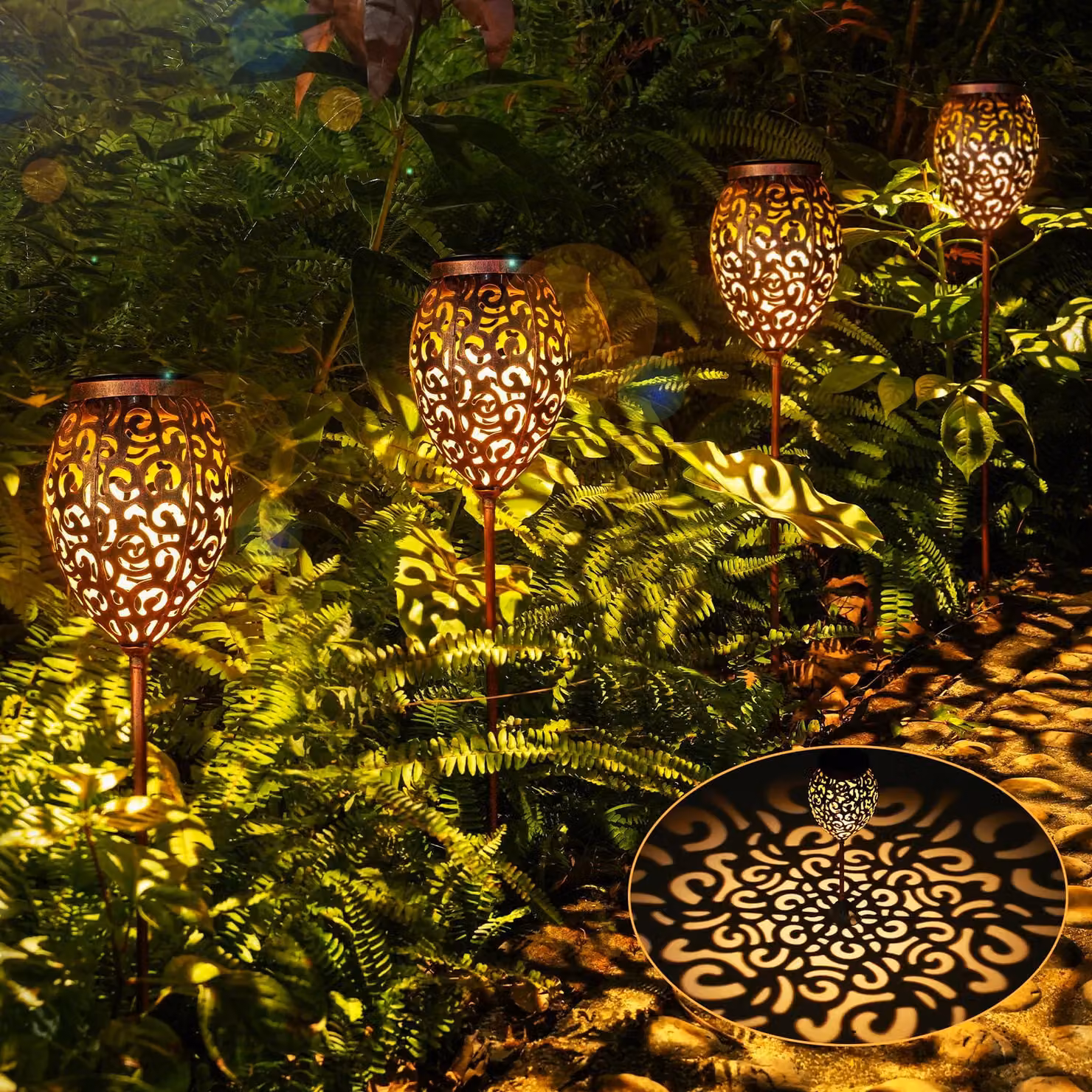 Set di 4 lampade solari, grado di protezione IP65, luce bianco caldo, metallo, stile vintage, decorazione per giardino