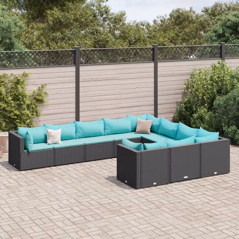 Set di divani da giardino a forma di U vidaXL in rattan con cuscini blu e turchese e struttura in metallo nero