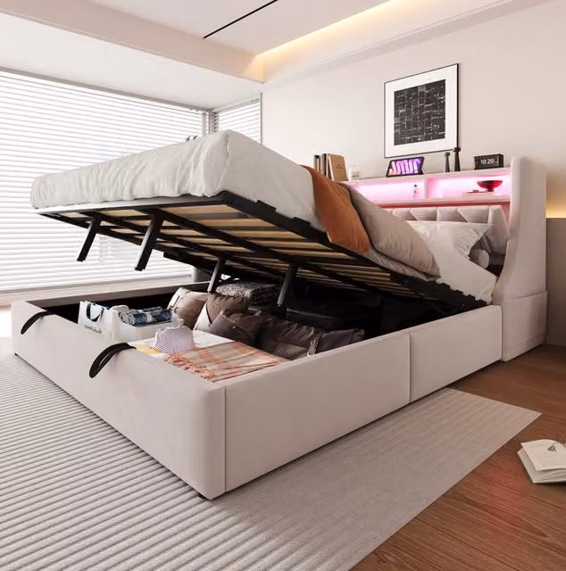 Letto matrimoniale imbottito 180x200 cm beige con contenitore idraulico, LED e ricarica USB-C
