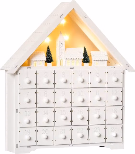 Calendario dell'Avvento di Natale HOMCOM in legno bianco con 24 cassetti, decorazione con villaggio, alberi e luci, L 39 cm, P 9 cm, H 42 cm