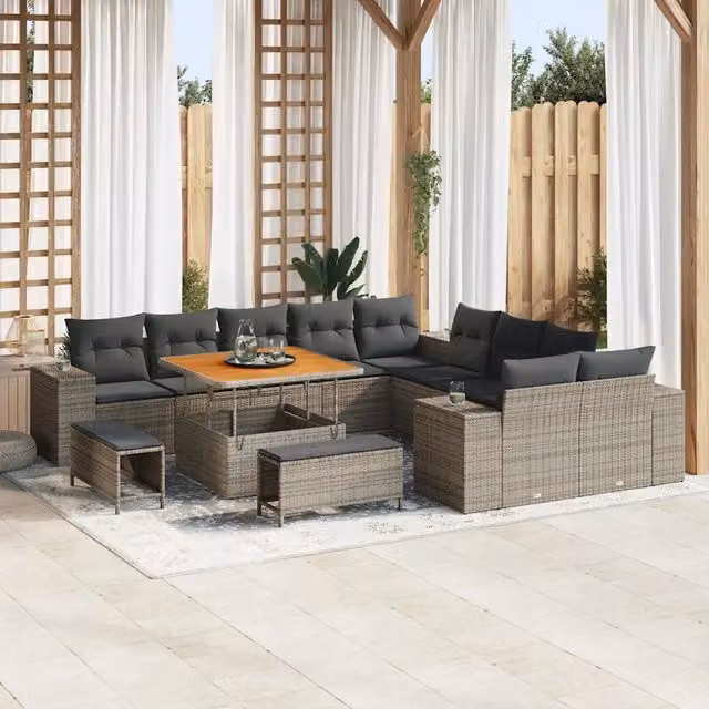 Set Divano da Giardino a L vidaXL in Polyrattan Grigio con 13 Pezzi e Cuscini Inclusi – 1