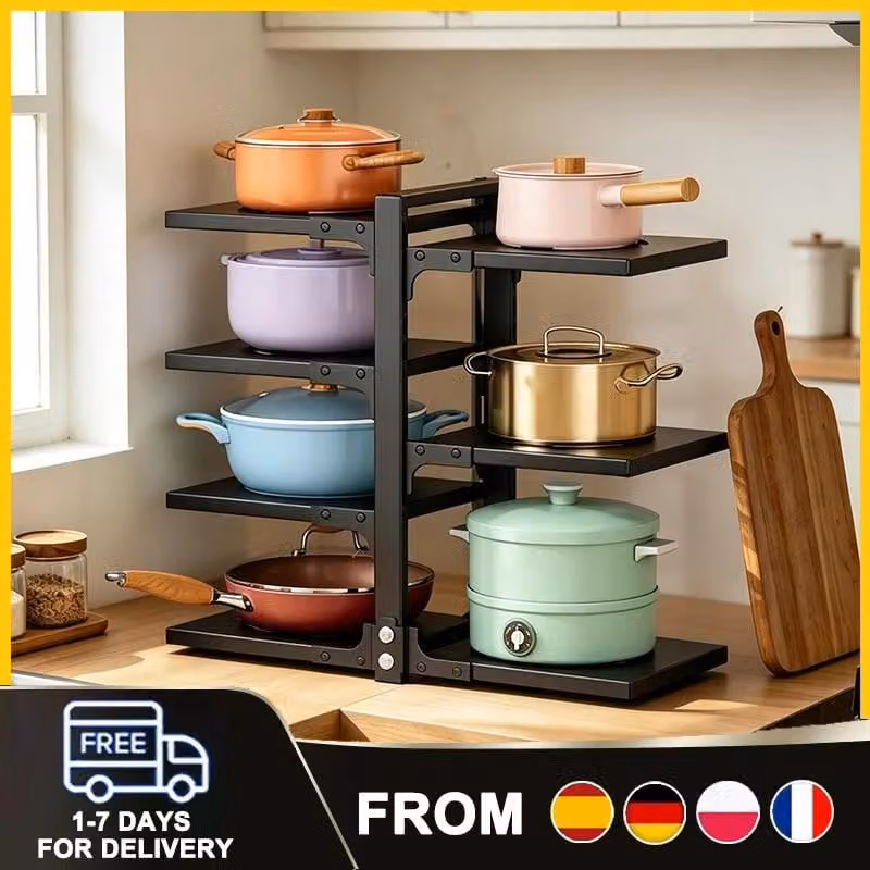 Portapentole da cucina a 7 ripiani, multifunzionale, con ripiani regolabili e vaschetta di raccolta removibile per pentole