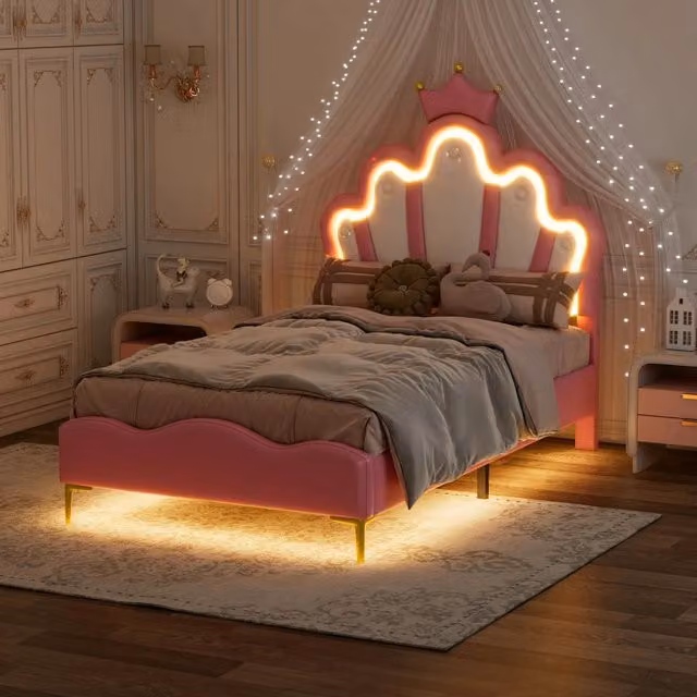 Letto singolo 90 × 200 cm con testiera a corona luci LED regolabili in PU rosa MDF e metallo