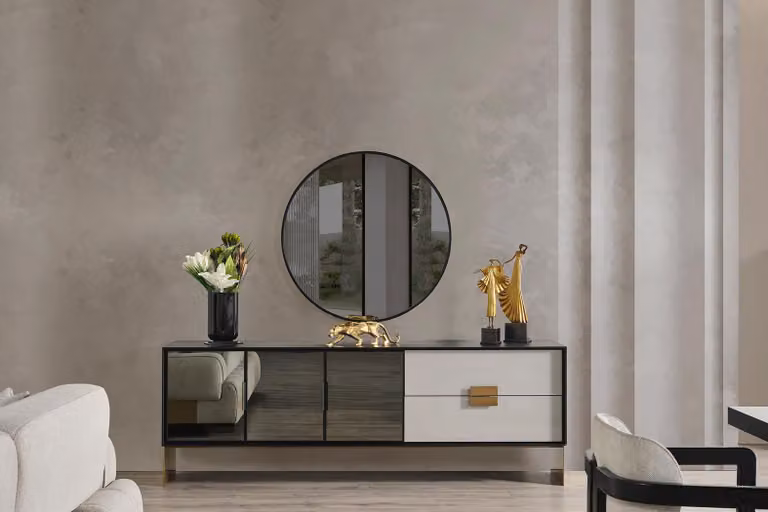 Schwarzes Wohnzimmer Set Designer Sideboard Luxus Spiegel 2tlg Set