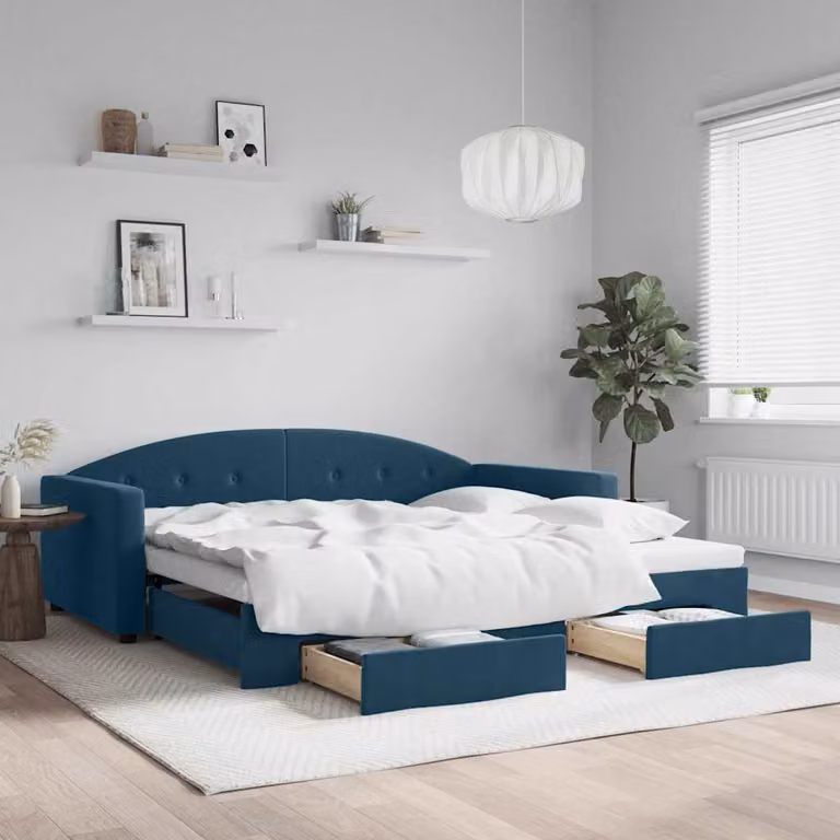 vidaXL Divano Letto in Velluto Blu con Cassetto Estraibile per Soggiorno e Camera da Letto L/P/H: 222 x 110 x 75 cm, Dimensioni Letto: 100 x 200 cm