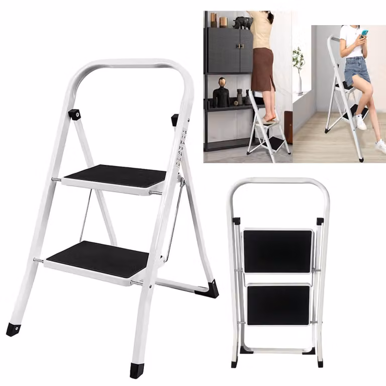 Scala pieghevole per uso domestico - Scala di sicurezza a 2 gradini - Acciaio inossidabile - Gradini larghi antiscivolo - Con maniglia - Portatile - 44,5 x 78,5 cm - Bianco