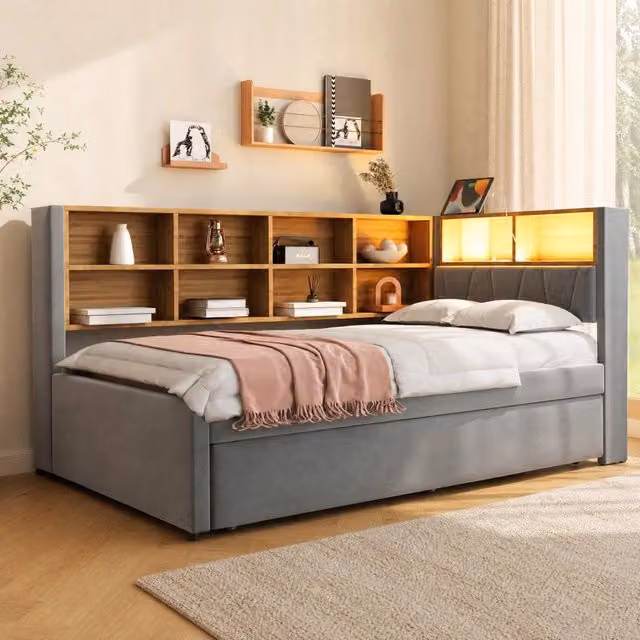 Divano letto multifunzione 90x200 cm con letto estraibile 90x190 cm; LED e vani contenitore; grigio scuro