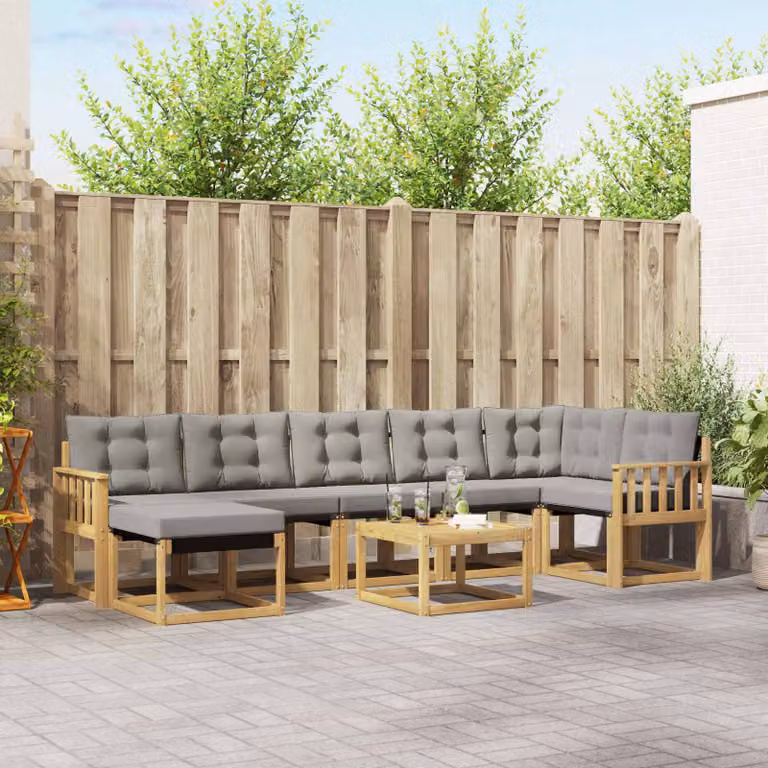 vidaXL Set di divani da esterno a forma di U composto da 8 pezzi in legno di acacia con cuscini in tessuto bianco e grigio chiaro