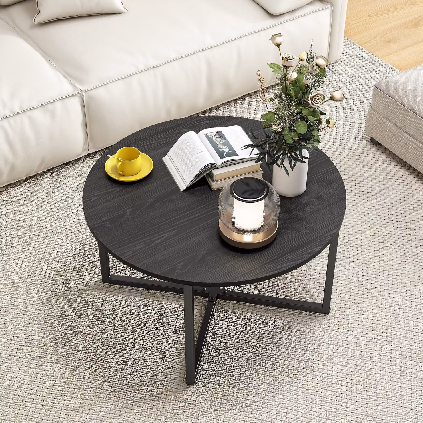Omgoods - Tavolino rotondo con gambe in metallo e piano in legno