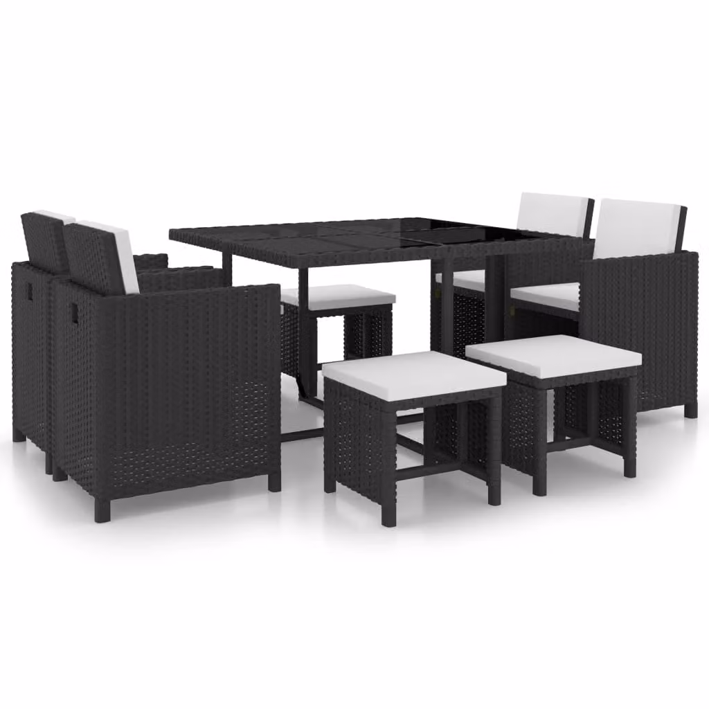set da pranzo da giardino 9 pezzi con cuscini in poly rattan nero