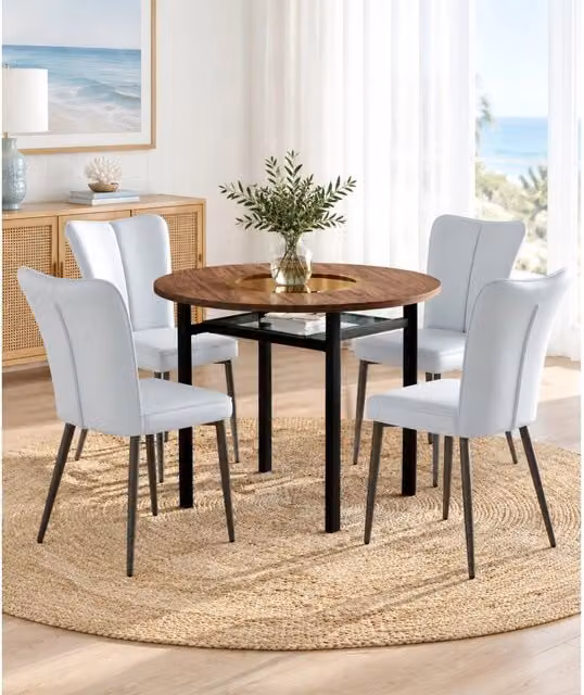 Set tavolo da pranzo rotondo Ø100 cm con piano MDF e vetro, sedie in PU grigio chiaro