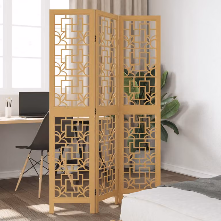 Divisorio Ambienti vidaXL con 3 Pannelli in Legno di Paulownia Massello, Design Geometrico Moderno, Marrone Scuro e Oro, H: 160 cm, L: 110 cm, P: 3 cm