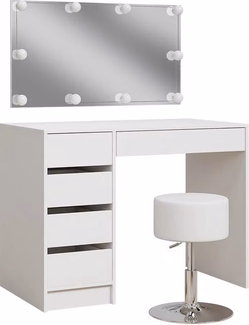 Tavolo da toilette Thalia Bianco 100 cm con specchio, catena luminosa LED e sgabello Vicco