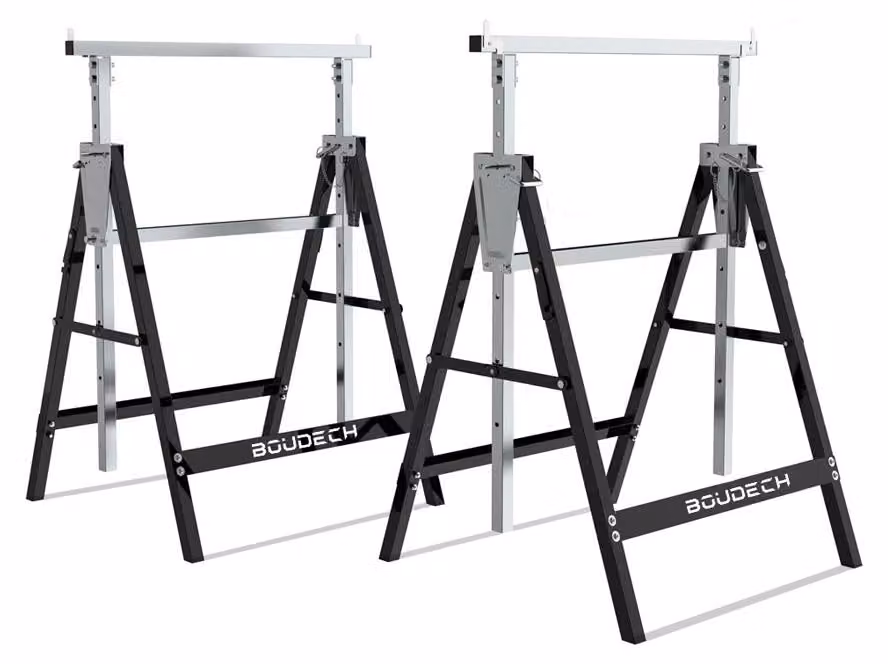 Set di 2 cavalletti telescopici 300kg pieghevoli ideali come trabattello pontile, banco da lavoro e supporto taglia travi.