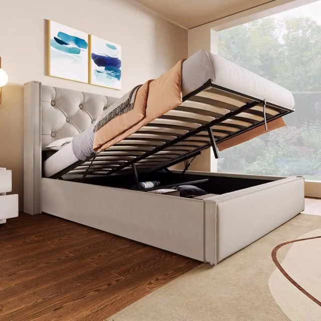 Letto contenitore REDOM in tessuto grigio con struttura in legno e metallo L/P: 160 x 200 cm