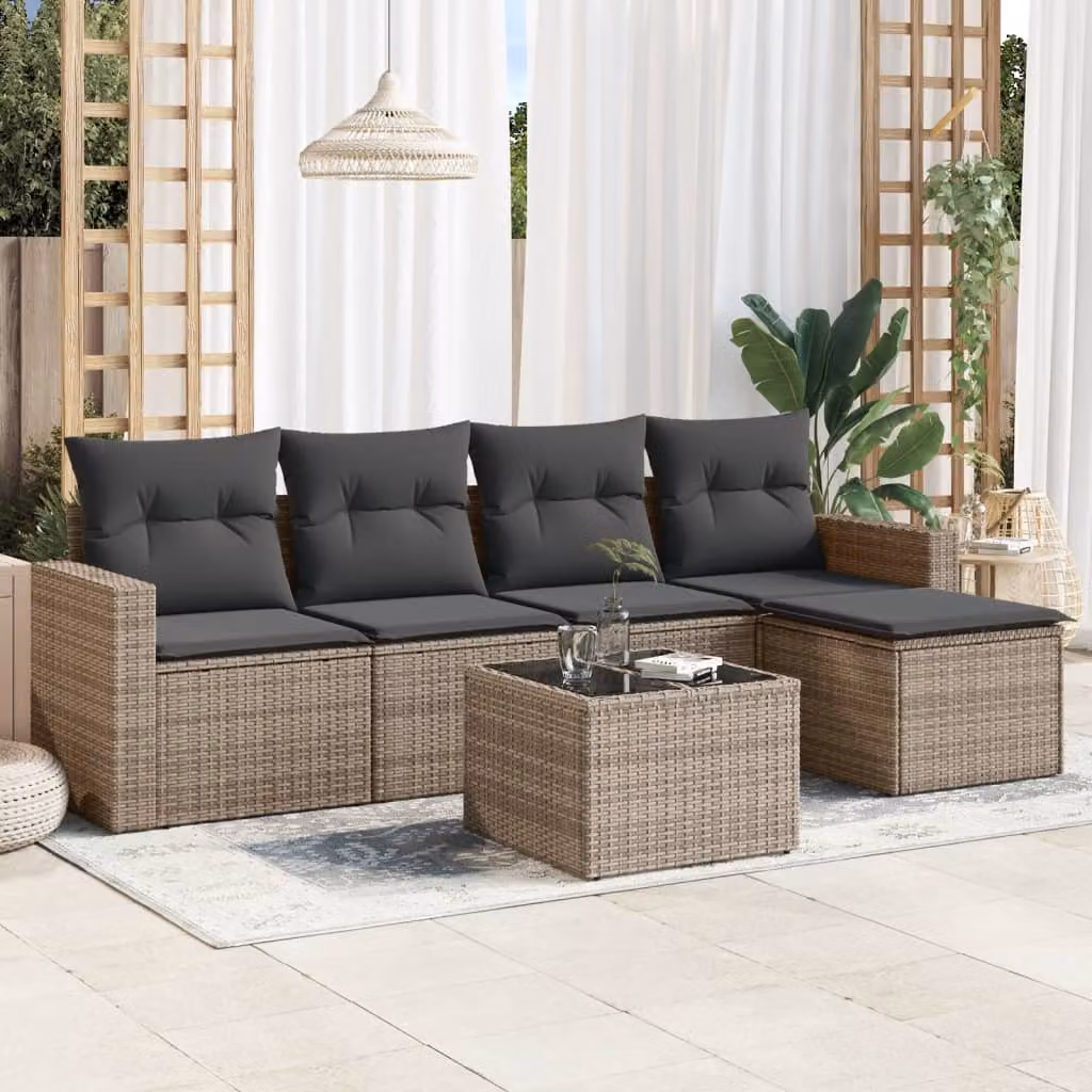 Set Divano da Giardino a L vidaXL in Polyrattan Grigio con 6 Pezzi e Cuscini Imbottiti – 1
