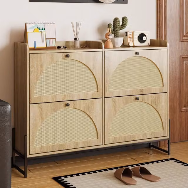 Scarpiera moderna con 4 ante a ribalta e retro ventilato in legno, colore naturale, L: 121 cm, P: 25 cm, H: 91,5 cm