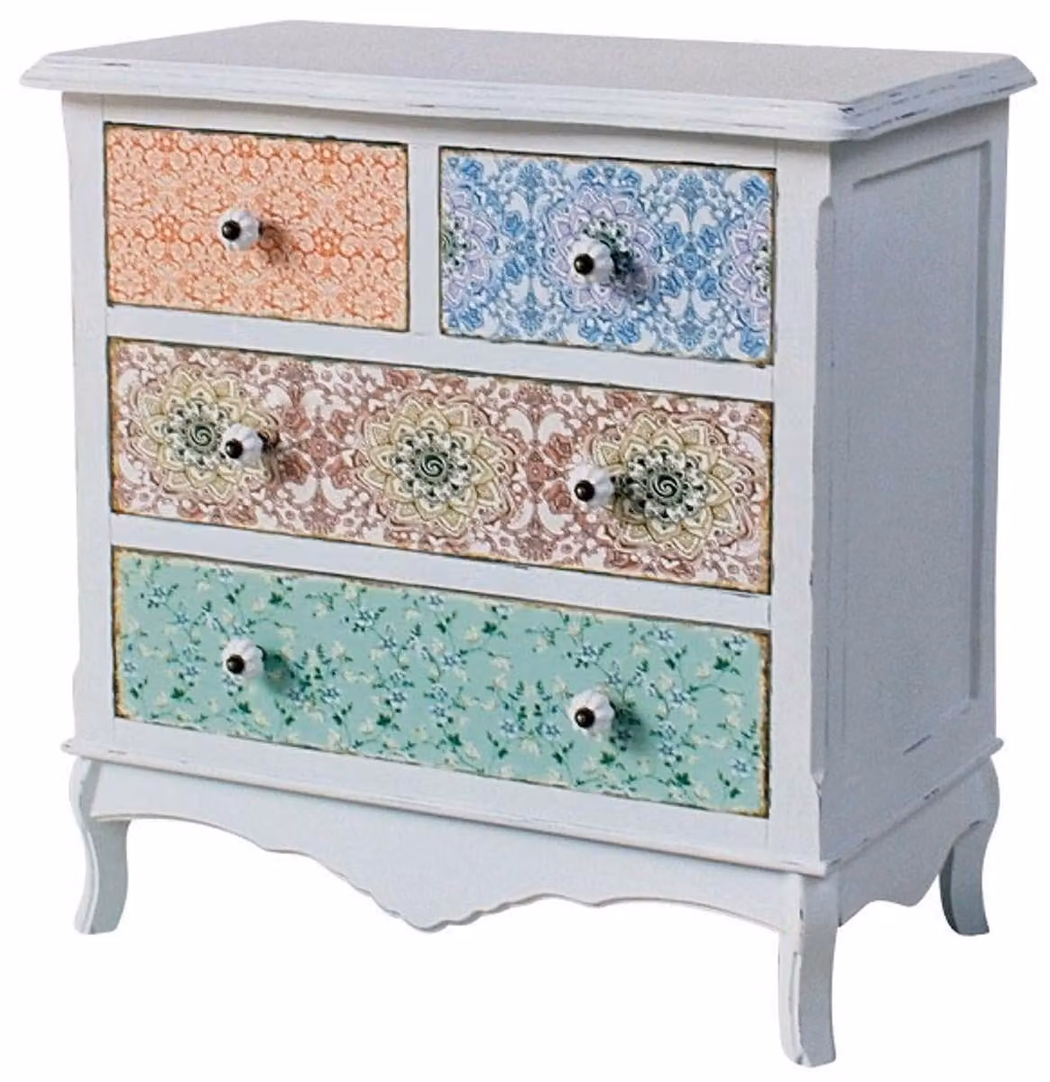 Comò in stile rustico "Casa Padrino", finitura shabby chic in bianco anticato / multicolore, dimensioni 70 x 38 x 71 cm