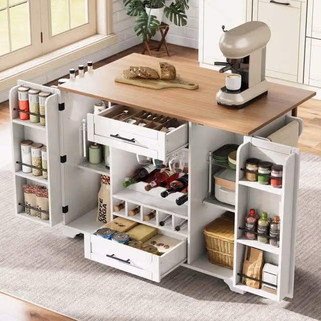 Isola cucina su ruote con piano ribaltabile in MDF; portabottiglie e portabicchieri; bianca e legno naturale; 138 cm