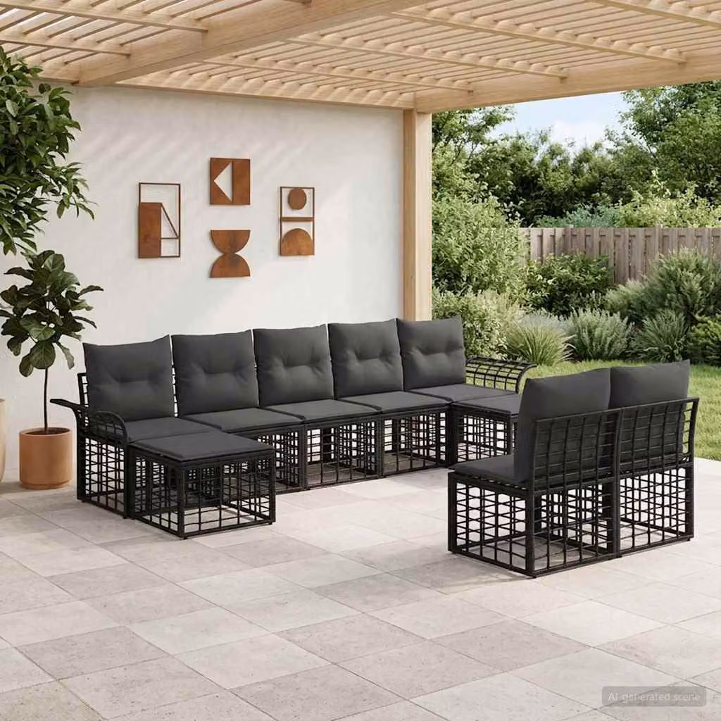 vidaXL Set di divani da esterno a forma di U composto da 9 pezzi, Nero e Grigio, in poliestere resistente ai raggi UV con struttura in acciaio verniciato a polvere e cuscini inclusi
