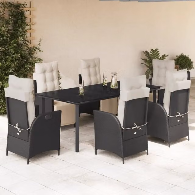 Set da Pranzo da Giardino vidaXL in Polyrattan e Vetro, 7 Pezzi, Nero e Bianco – 1