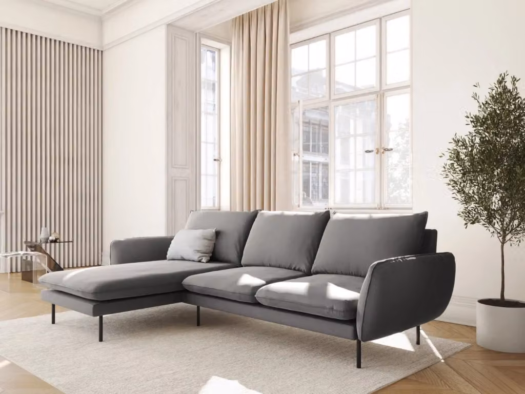 Divano angolare sinistro Vienna di Cosmopolitan Design in velluto grigio chiaro per 5 persone L/P/H: 255 x 170 x 95 cm – 2