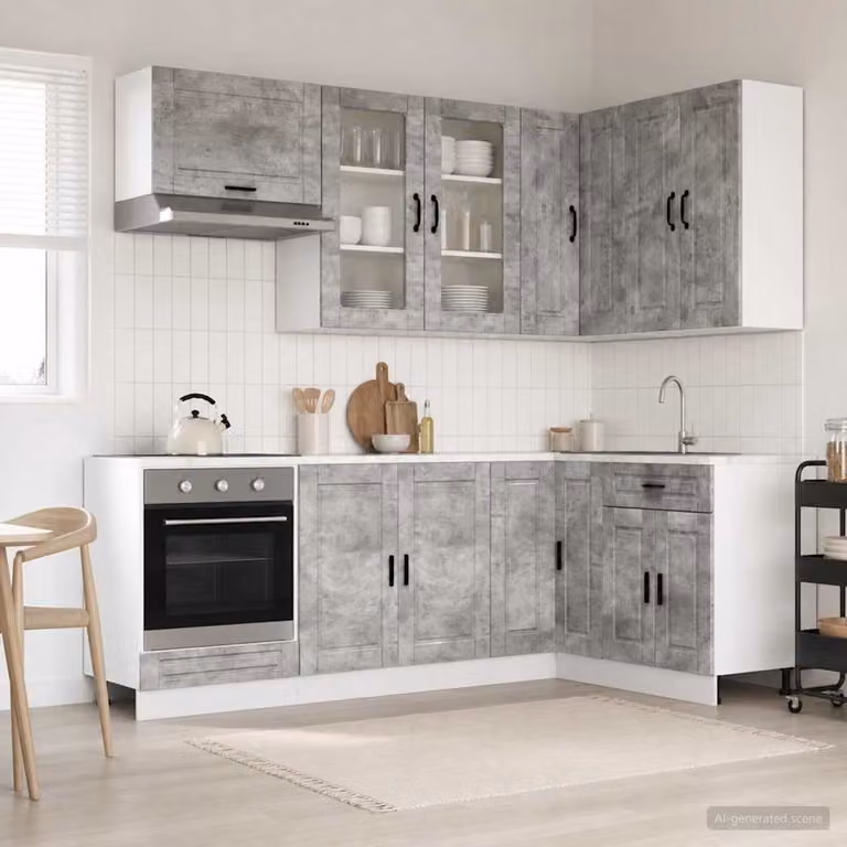 Unità cucina moderna vidaXL PORTO composta da 8 pezzi in grigio cemento con ante in vetro e ripiani aperti in legno ingegnerizzato e MDF
