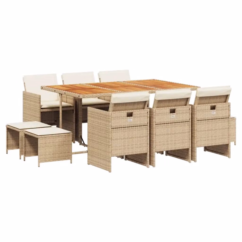 Set da pranzo da giardino vidaXL in legno di acacia oliato e polyrattan con 11 pezzi e cuscini beige, marrone e bianco – 2