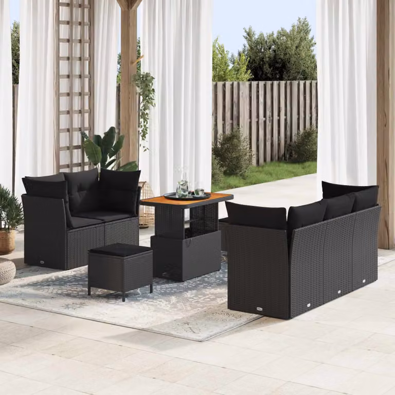 Set Divano da Giardino vidaXL 8 Pezzi a Forma di L con Cuscini e Contenitore Nero