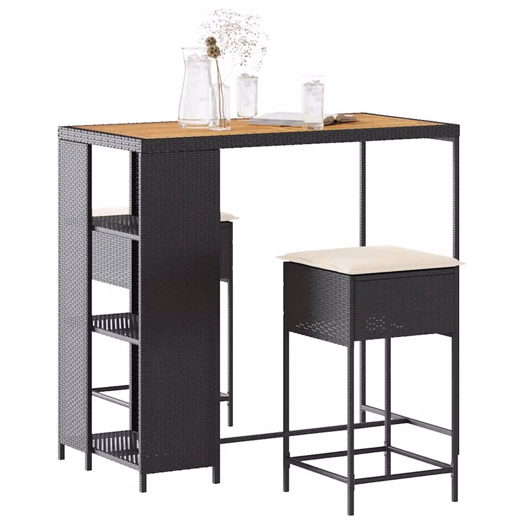 Set Bar da Giardino vidaXL in Polyrattan e Legno di Acacia con Cuscini Nero e Bianco 3 pz – 1