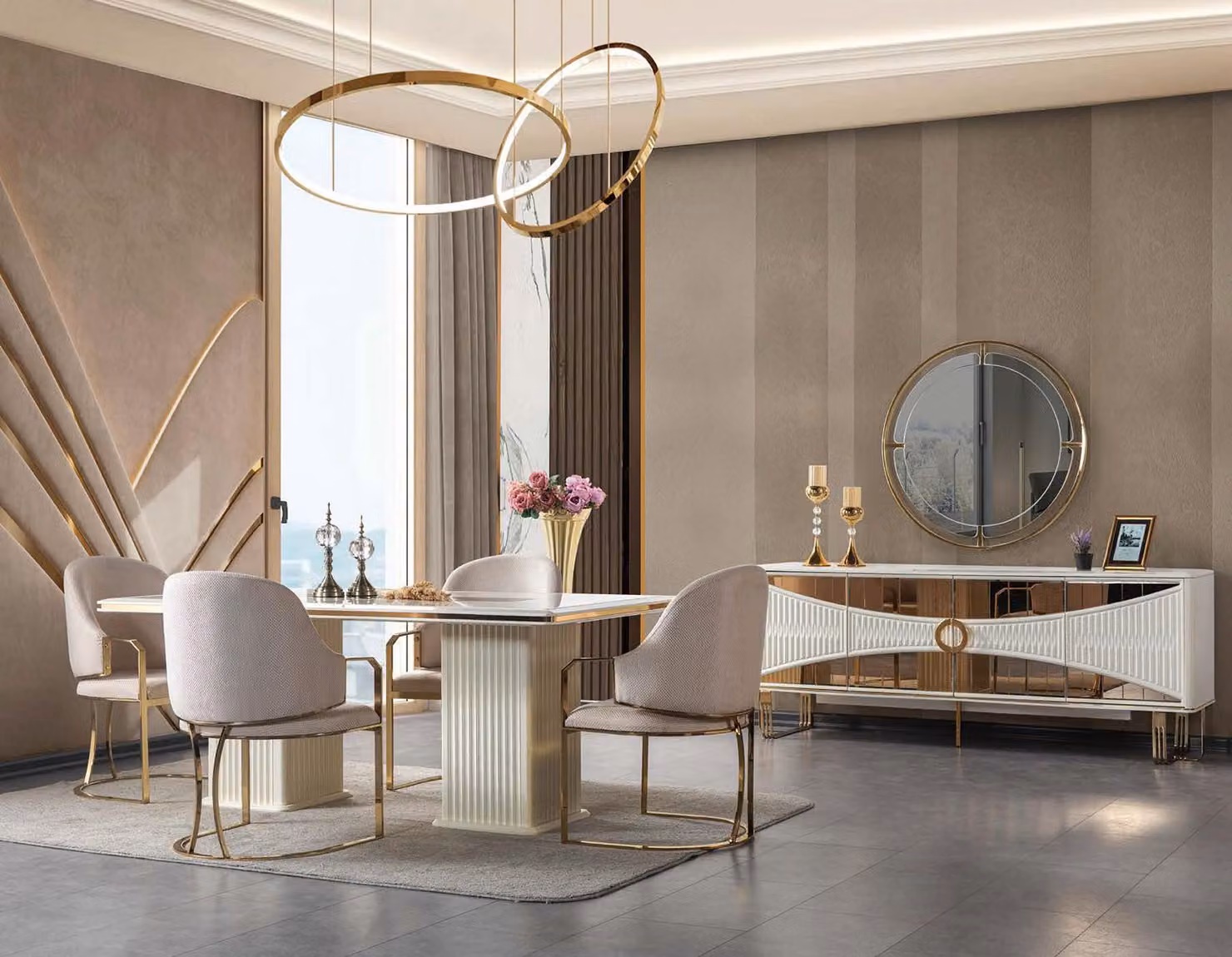 Tavolo da pranzo, sedie, tavolino, specchio, stile moderno, colore bianco, nuovo, soggiorno