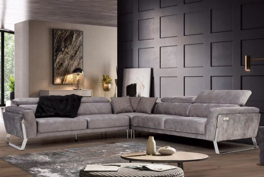 Graues Wohnzimmer Ecksofa L-Form Couch Großes Stoffsofa Luxus Möbel